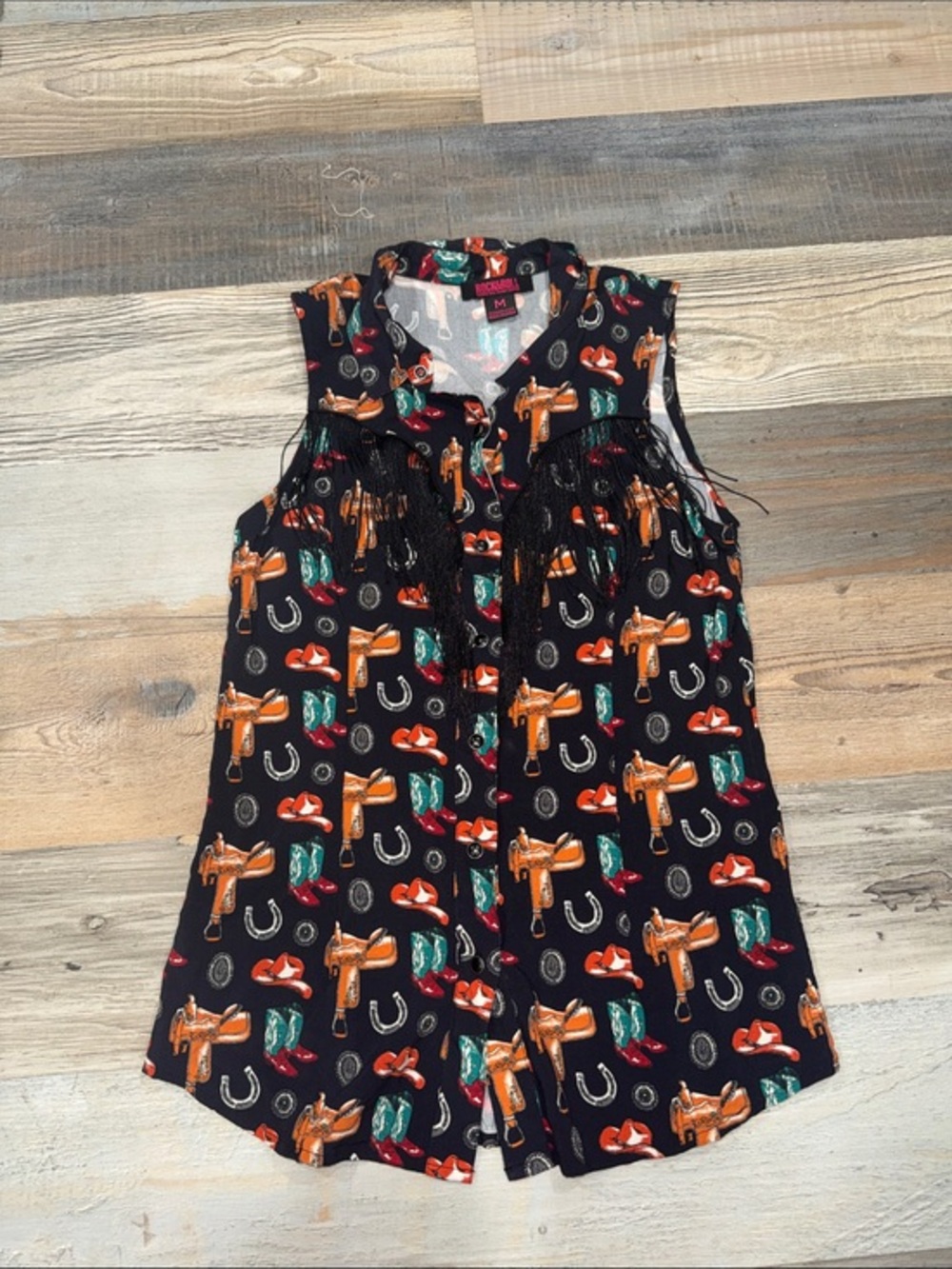 Rock & Roll Cowgirl Black Western Print Fringe Sleeveless Top